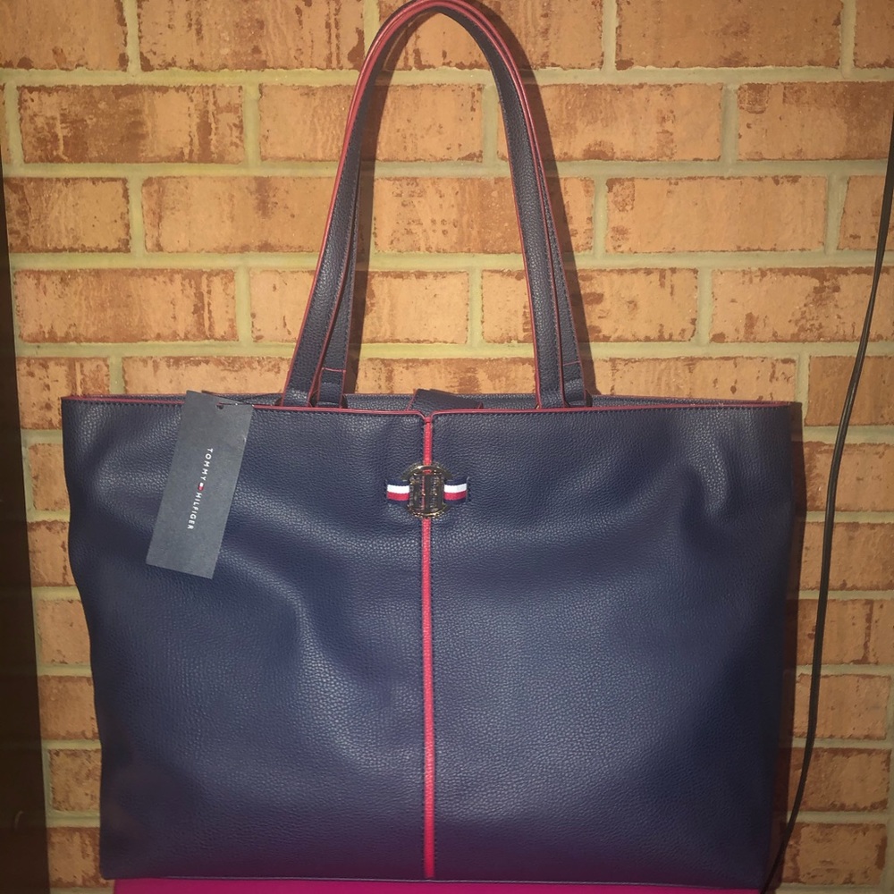 Tommy Hilfiger Navy and Red Leather Tote Bag